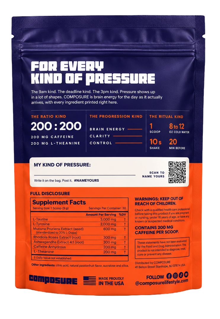 Back of the COMPOSURE Energy + Focus pouch showing the full disclosure panel
