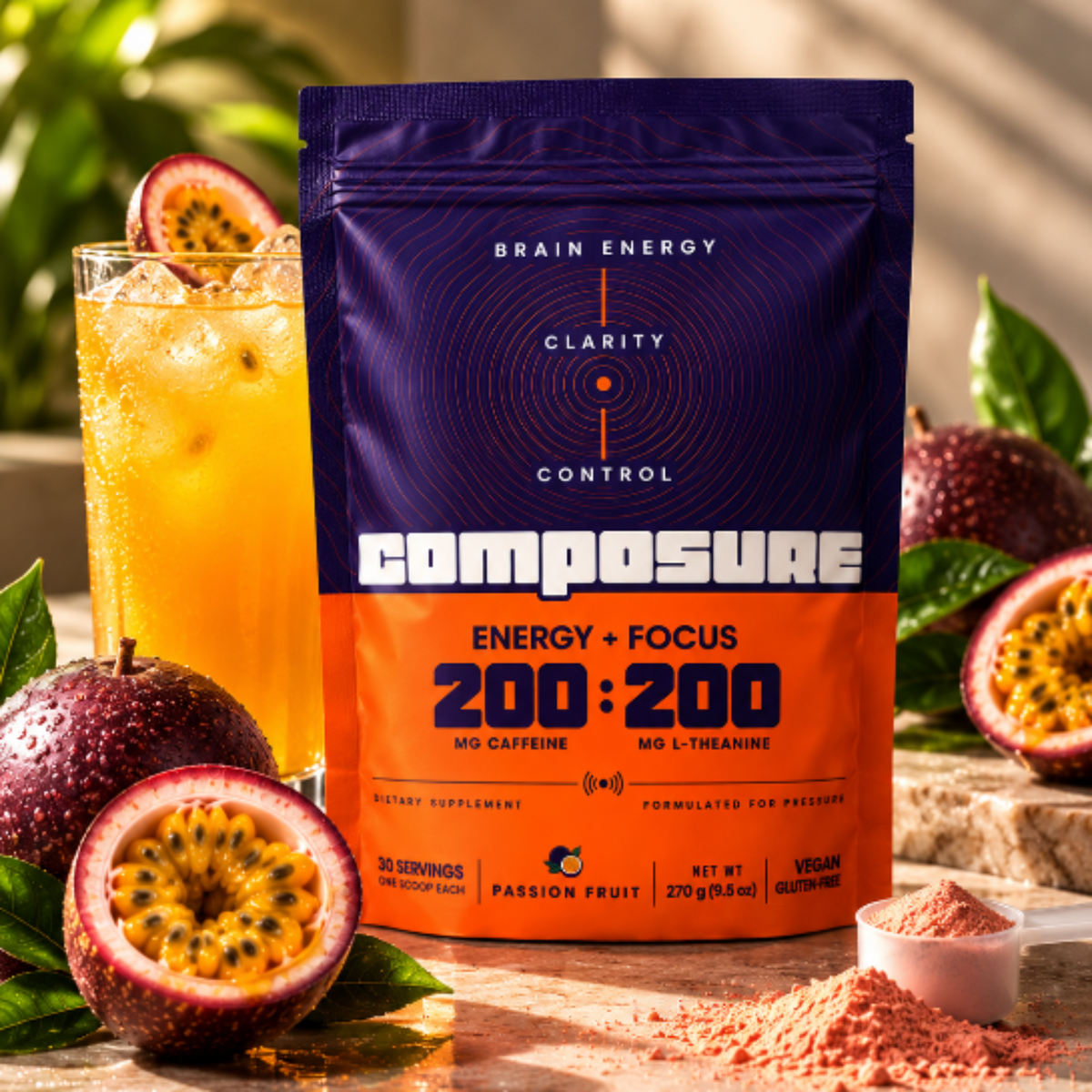 A scoop of COMPOSURE powder over a branded shaker