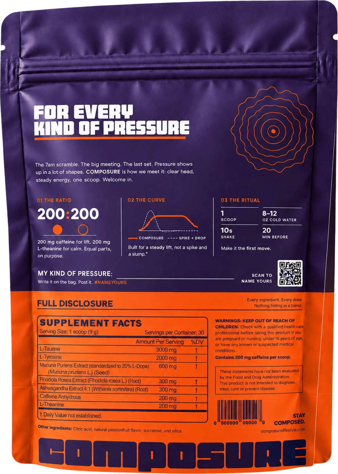 Back of the COMPOSURE Energy + Focus pouch showing the full disclosure panel